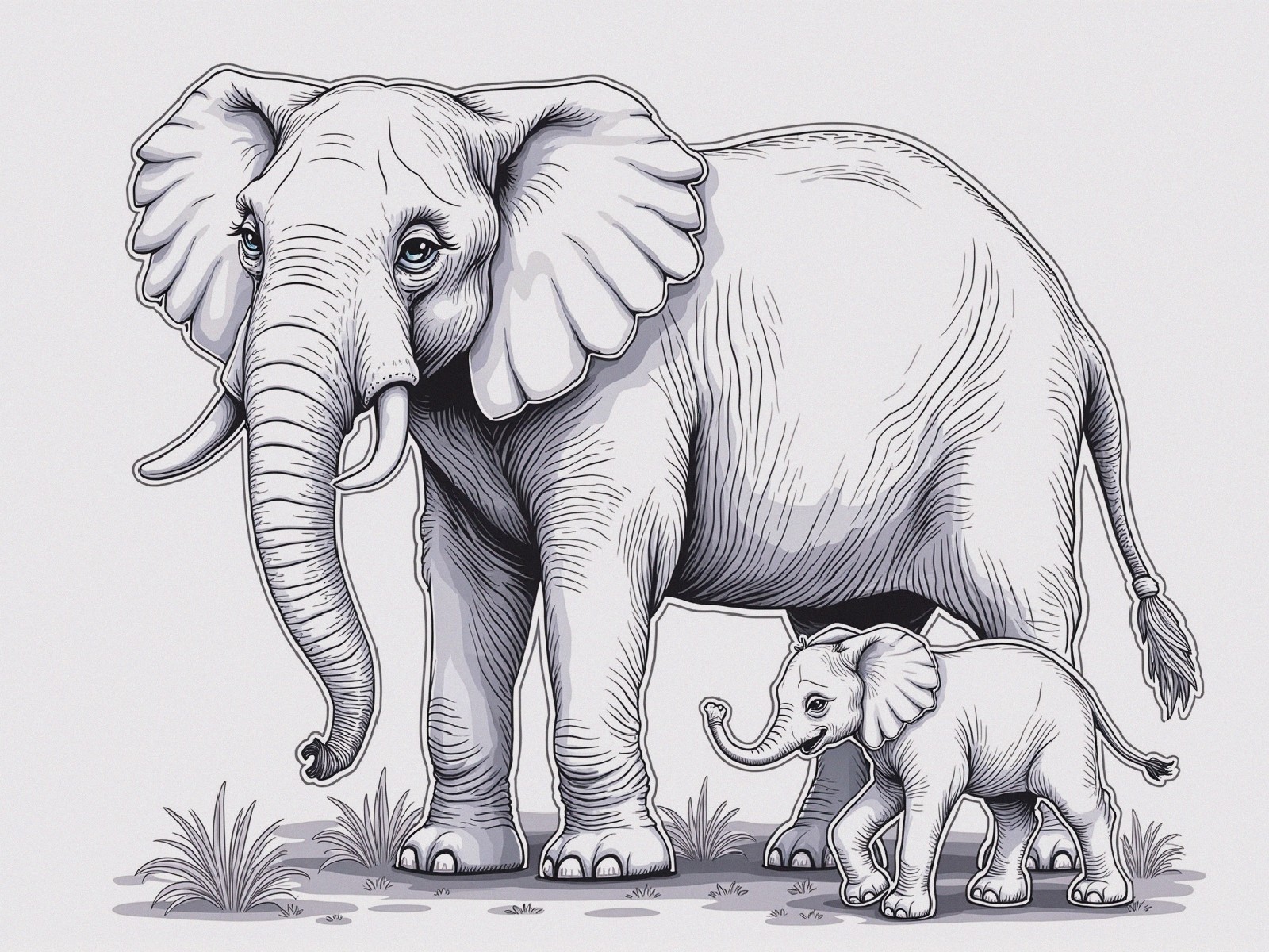 Illustration of Adult and Baby Elephants in Nature