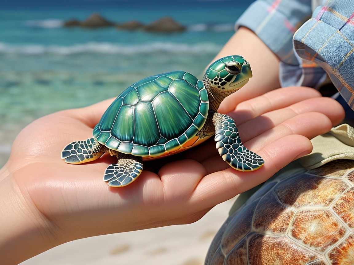 Green Turtle Held on Sandy Beach with Turquoise Water