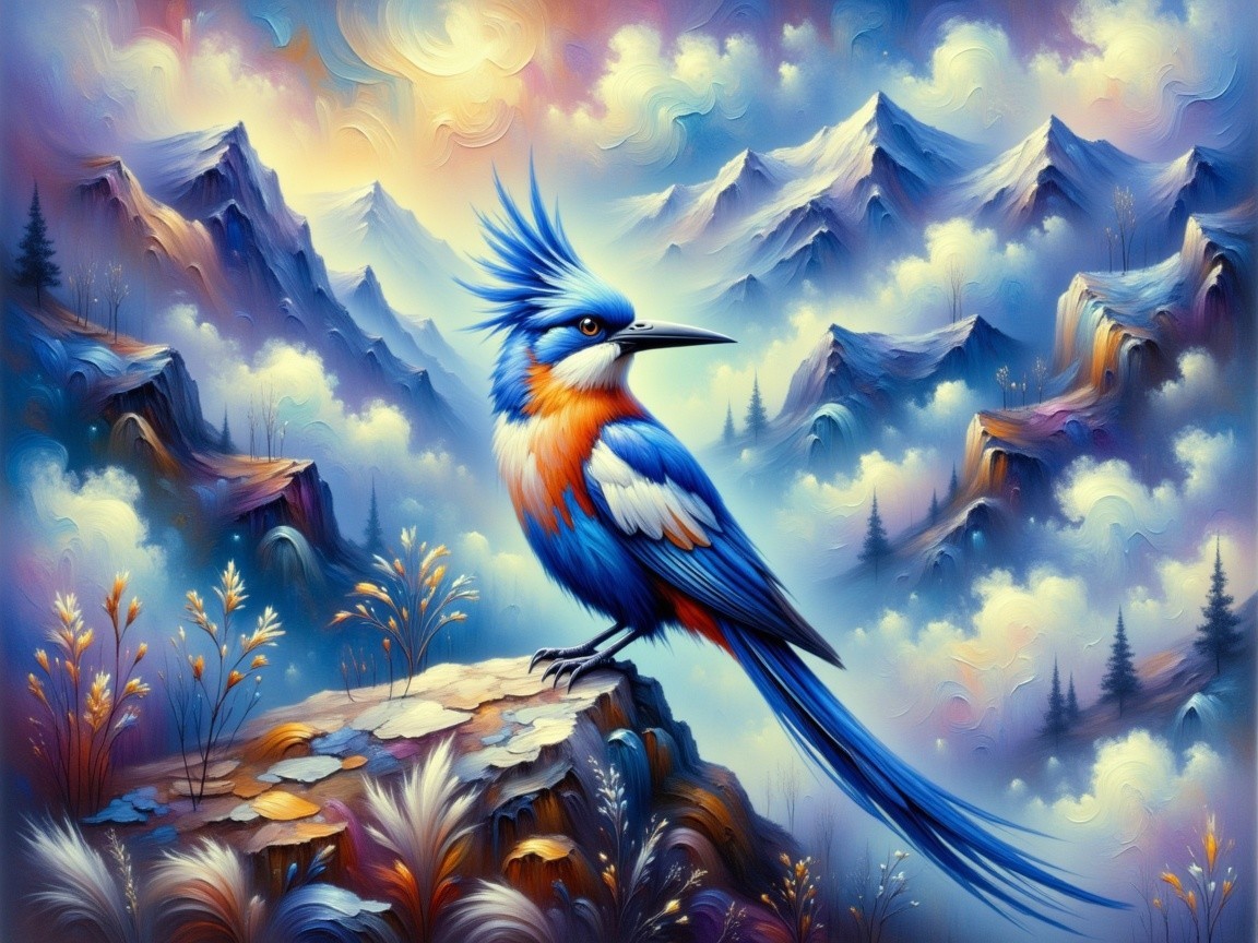 Vibrant Blue Bird on Rocky Outcrop with Mountains