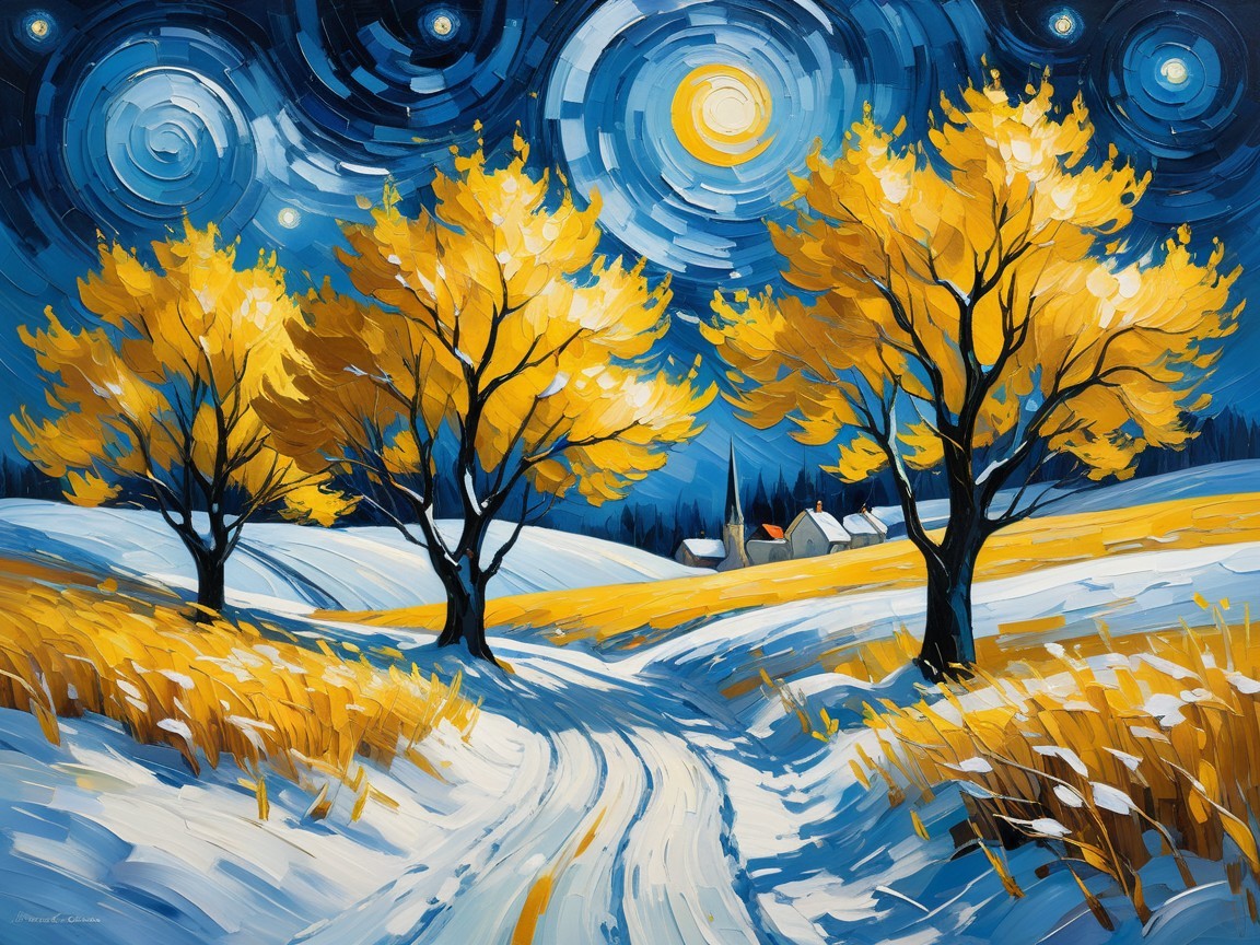 Winter Landscape with Golden Autumn Trees and Night Sky