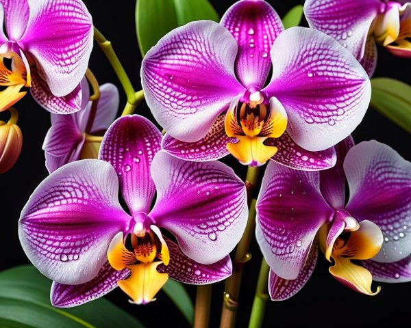 Vibrant Orchids with Intricate Petals and Water Droplets
