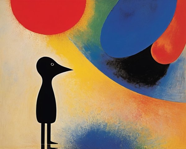 Minimalist Artwork with Bird Silhouette and Colorful Circles