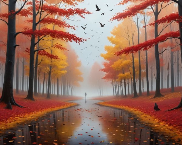 Autumn Landscape with Misty River and Vibrant Trees