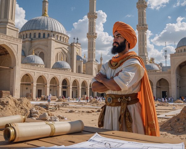 Man in Traditional Attire at Mosque Construction Site