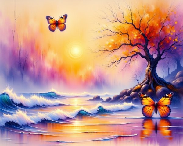 Serene Landscape with Sunset and Autumn Elements