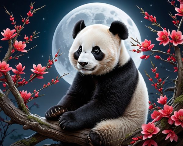 Panda on Branch Amid Cherry Blossoms and Full Moon