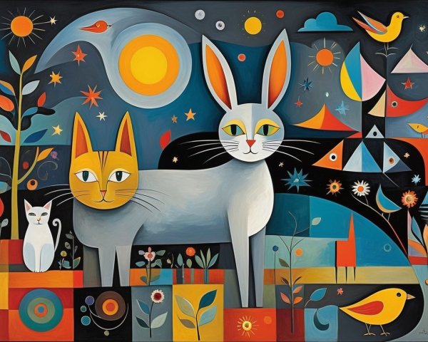 Colorful Illustration of Cat and Bunny in Playful Scene