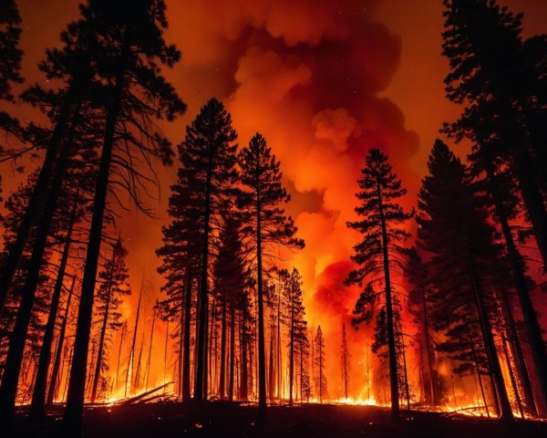 Nighttime Wildfire Scene with Flames and Smoke