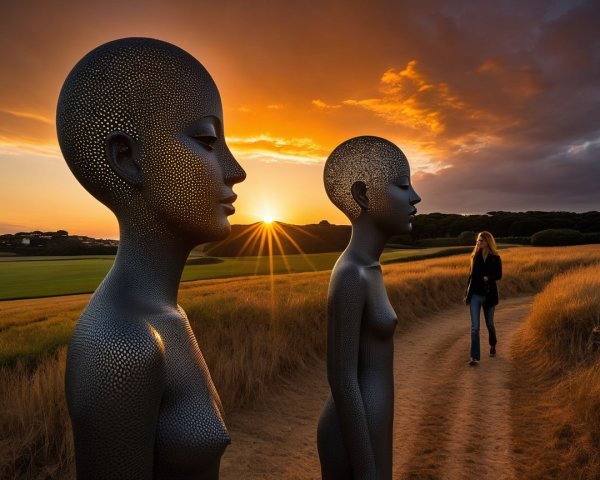 Abstract Sculptures in Sunset Field with Silhouette