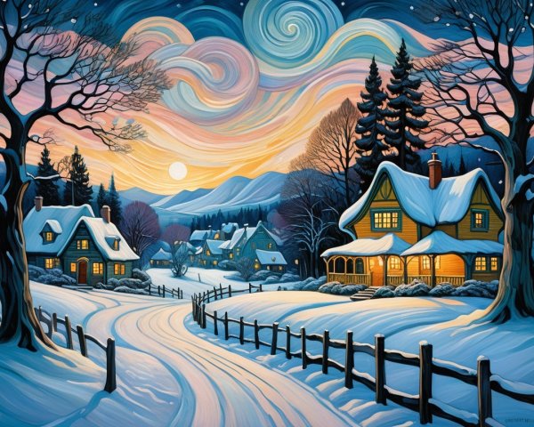 Winter Village Scene at Twilight with Starry Sky
