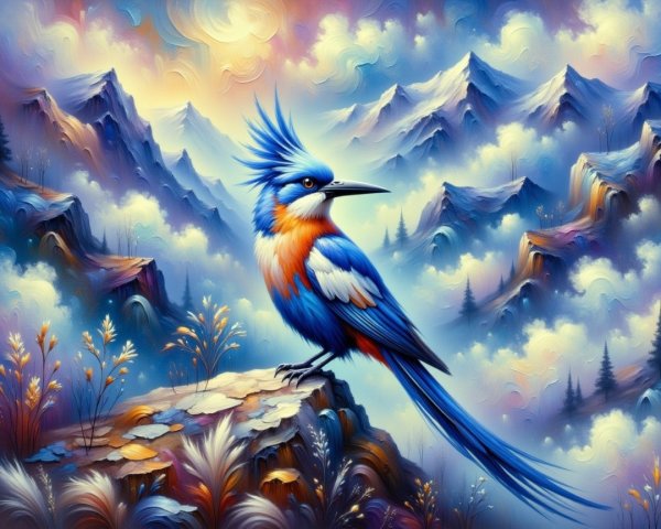 Vibrant Blue Bird on Rocky Outcrop with Mountains