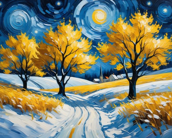 Winter Landscape with Golden Autumn Trees and Night Sky