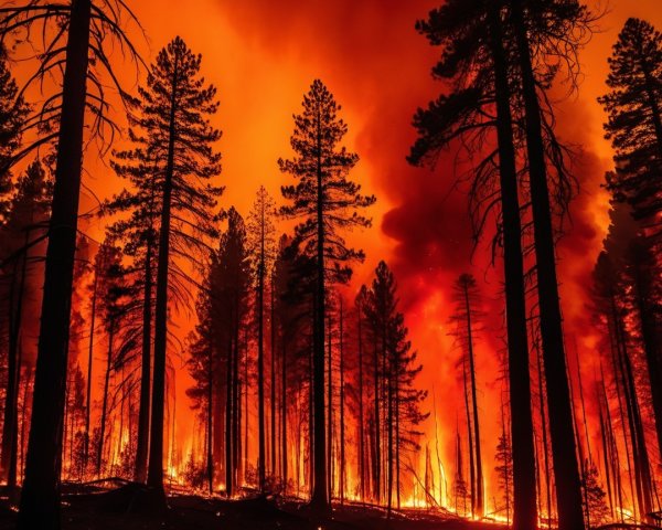 Dramatic Forest Fire Engulfing Pine Trees at Sunset
