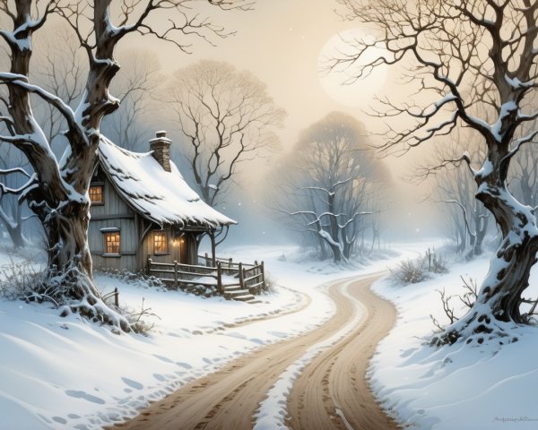 Rustic Cabin in Snowy Forest with Glowing Windows