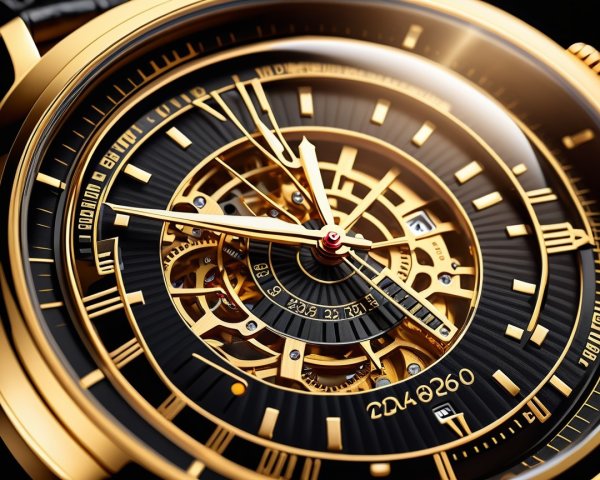Luxurious Black and Gold Skeleton Mechanical Watch Details