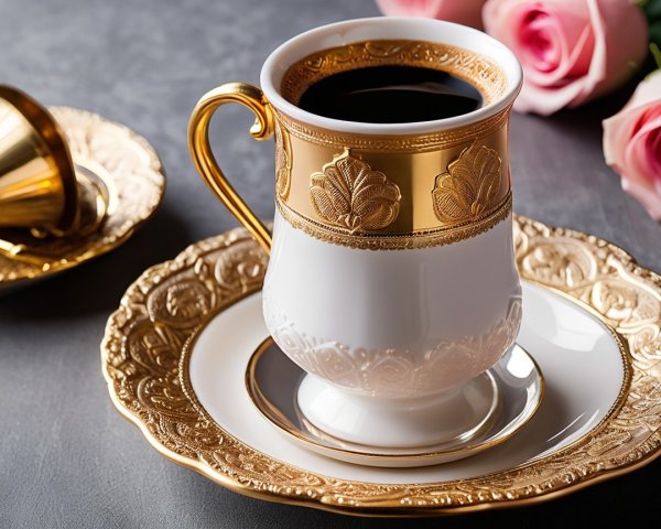 Porcelain Coffee Cup with Gold Detailing and Roses