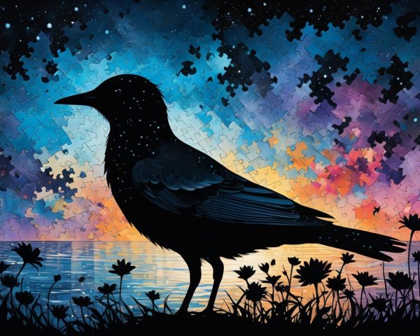Silhouette of a Bird at Vibrant Sunset with Reflection