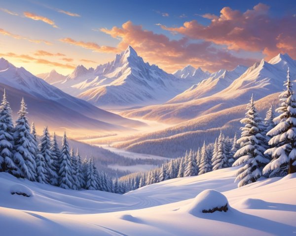 Snowy Mountain Landscape with Evergreen Trees and Sky