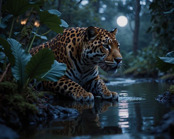 Jaguar by Tranquil Water in Lush Forest at Night