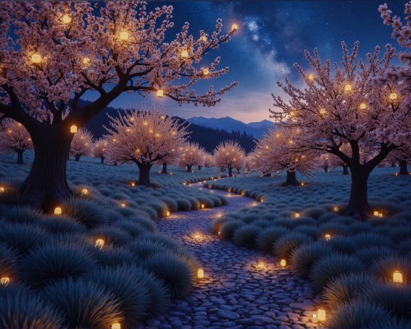 Tranquil Night Scene with Cherry Blossoms and Stars