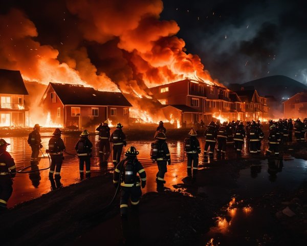 Firefighters Combat House Fire Under Night Sky