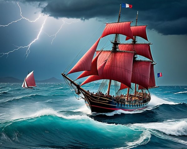 Sailing Ship with Red Sails in Stormy Seascape