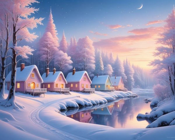 Vibrant Illustration of a Snowy Winter Wonderland