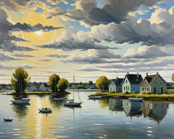 Tranquil Waterfront Landscape at Sunset with Boats