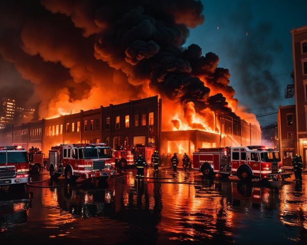 Nighttime Fire Scene with Emergency Response Efforts