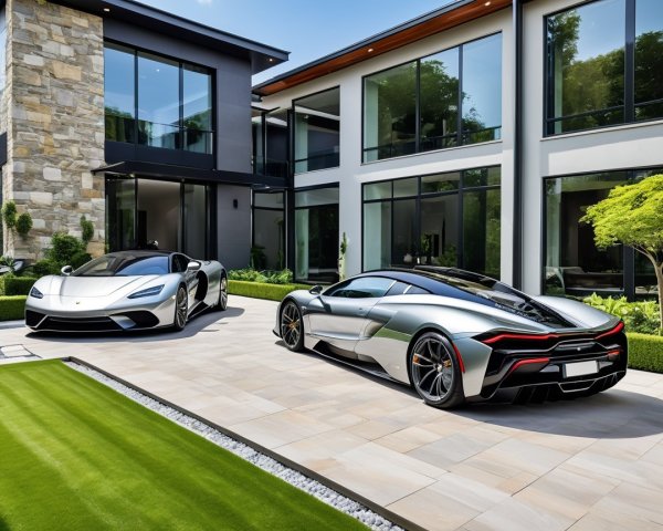 Modern luxury home with glass windows and sports cars