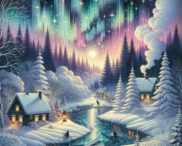 Winter Wonderland with Northern Lights and Rustic Cabins