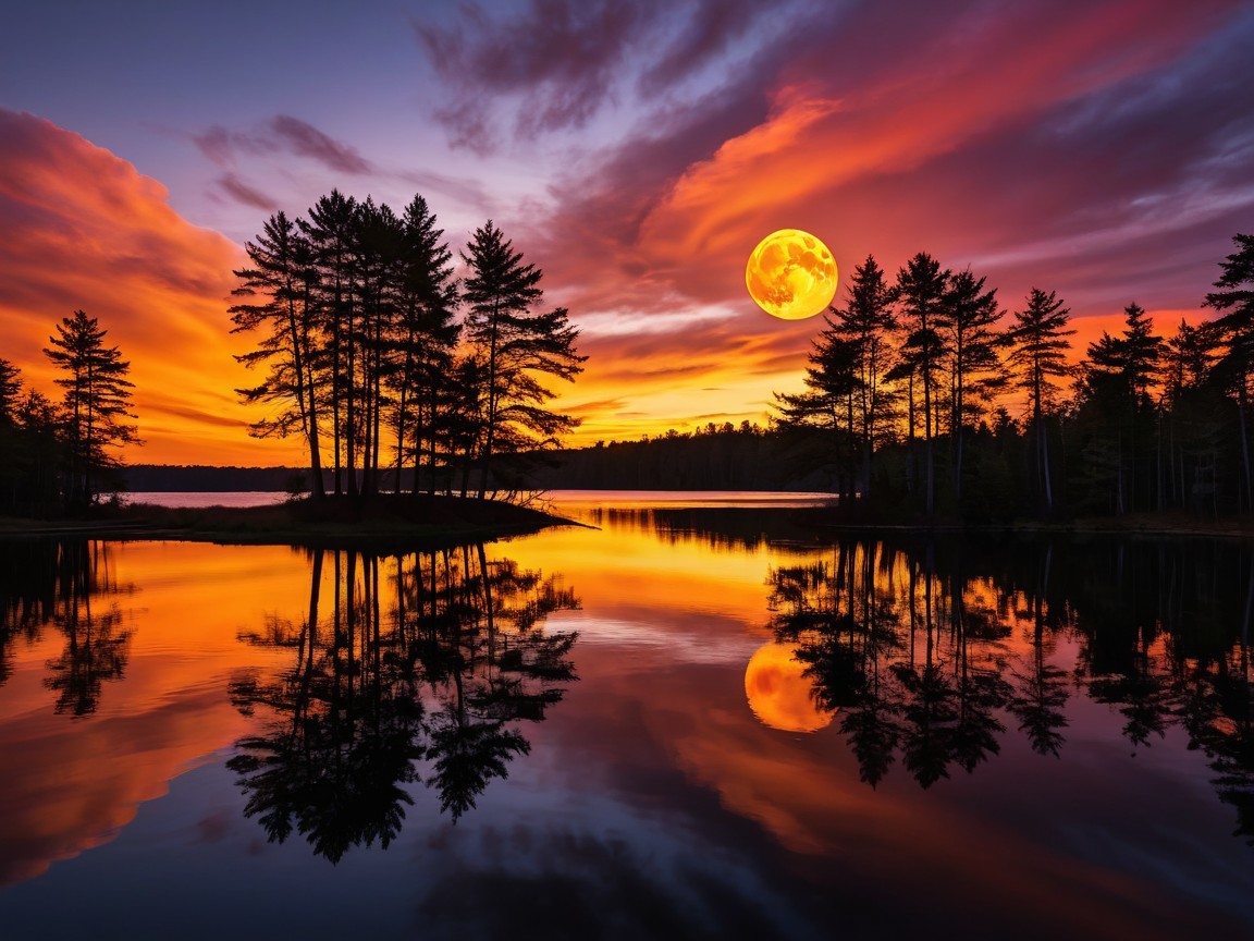 Lakeside Sunset with Vibrant Sky and Moon Reflection