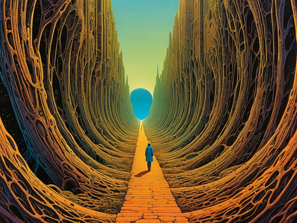 Solitary figure on a golden path under surreal sky