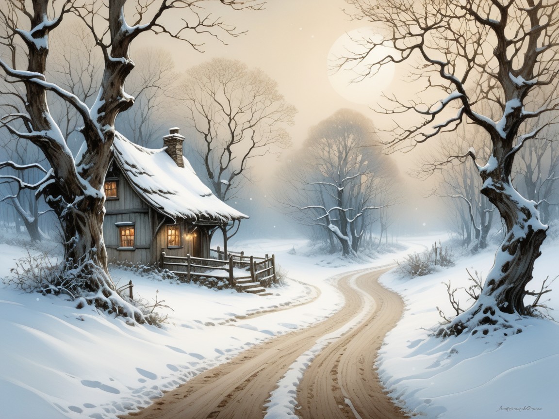 Rustic Cabin in Snowy Forest with Glowing Windows