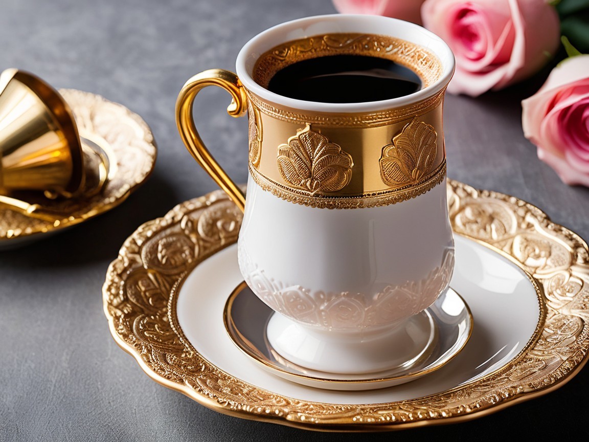 Porcelain Coffee Cup with Gold Detailing and Roses
