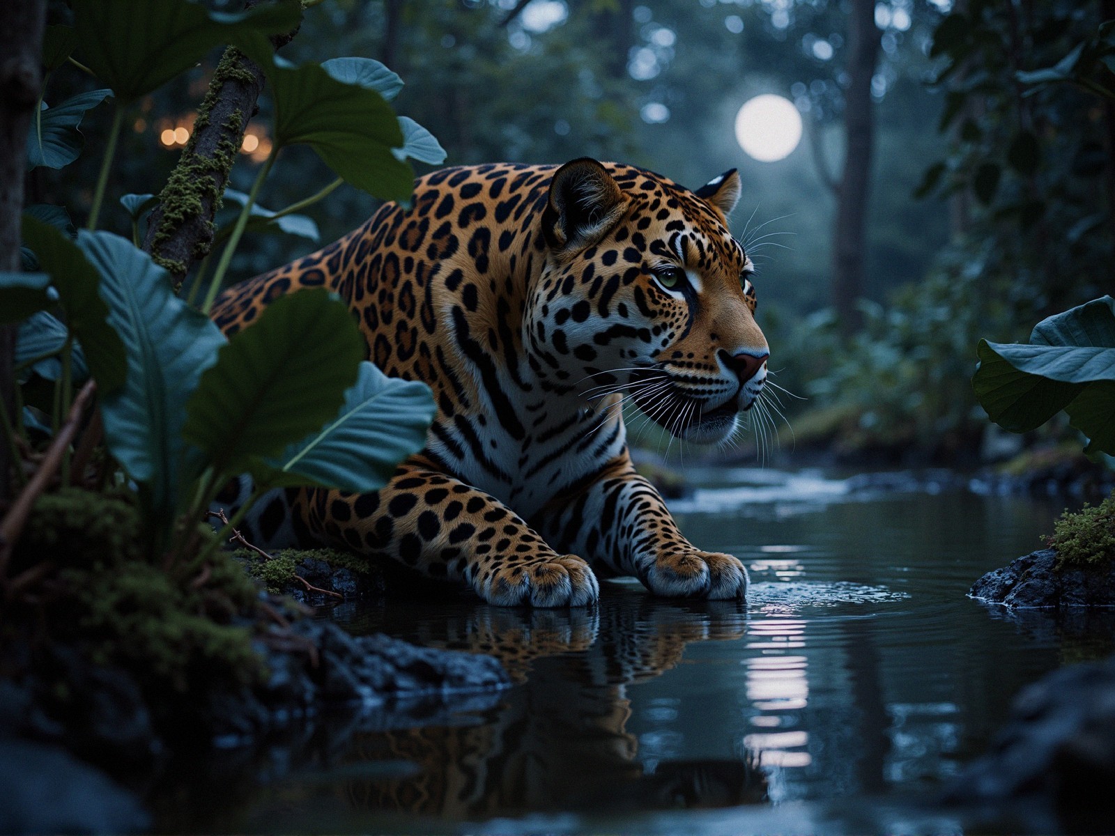 Jaguar by Tranquil Water in Lush Forest at Night