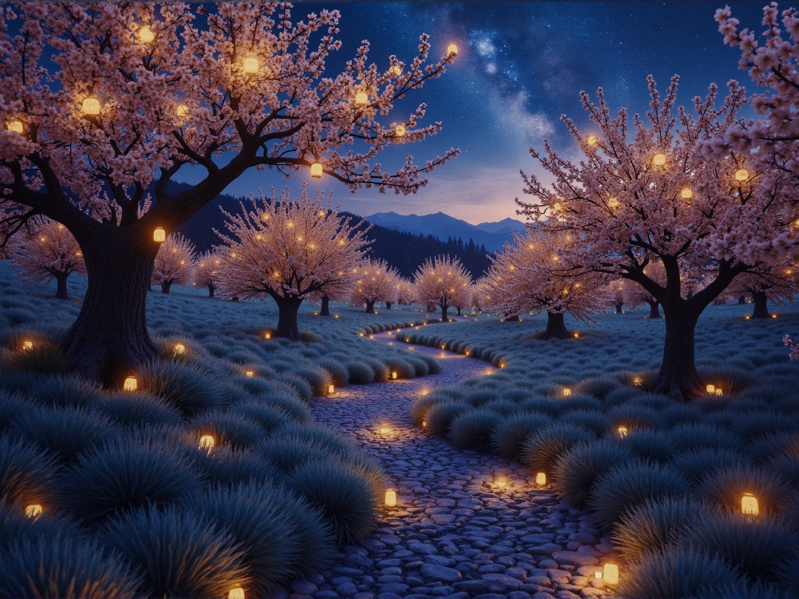 Tranquil Night Scene with Cherry Blossoms and Stars