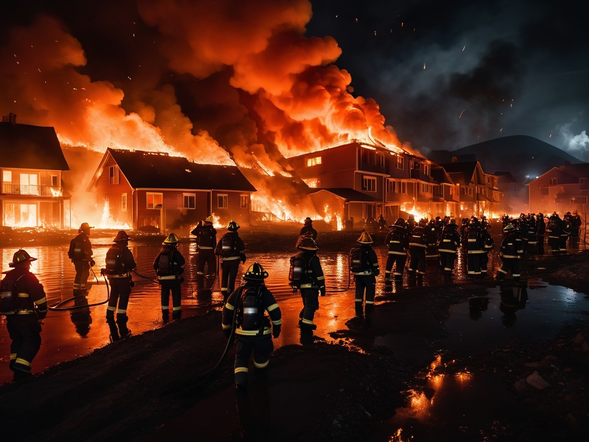 Firefighters Combat House Fire Under Night Sky