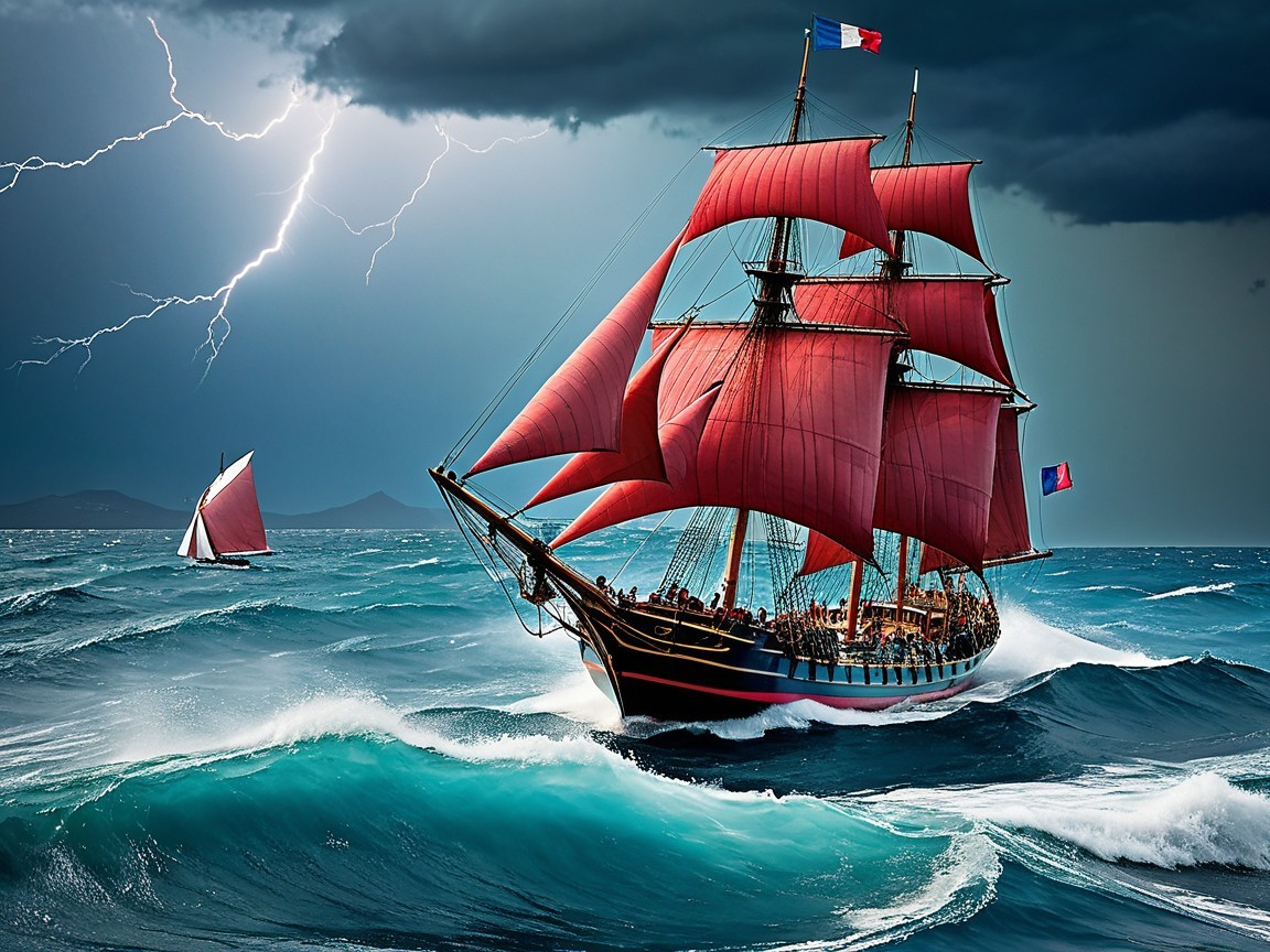 Sailing Ship with Red Sails in Stormy Seascape