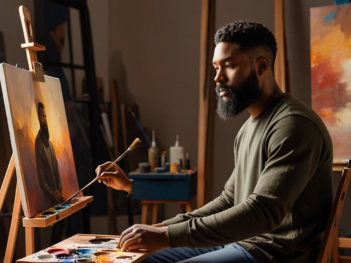 Artist in Studio Creating Colorful Portrait on Easel