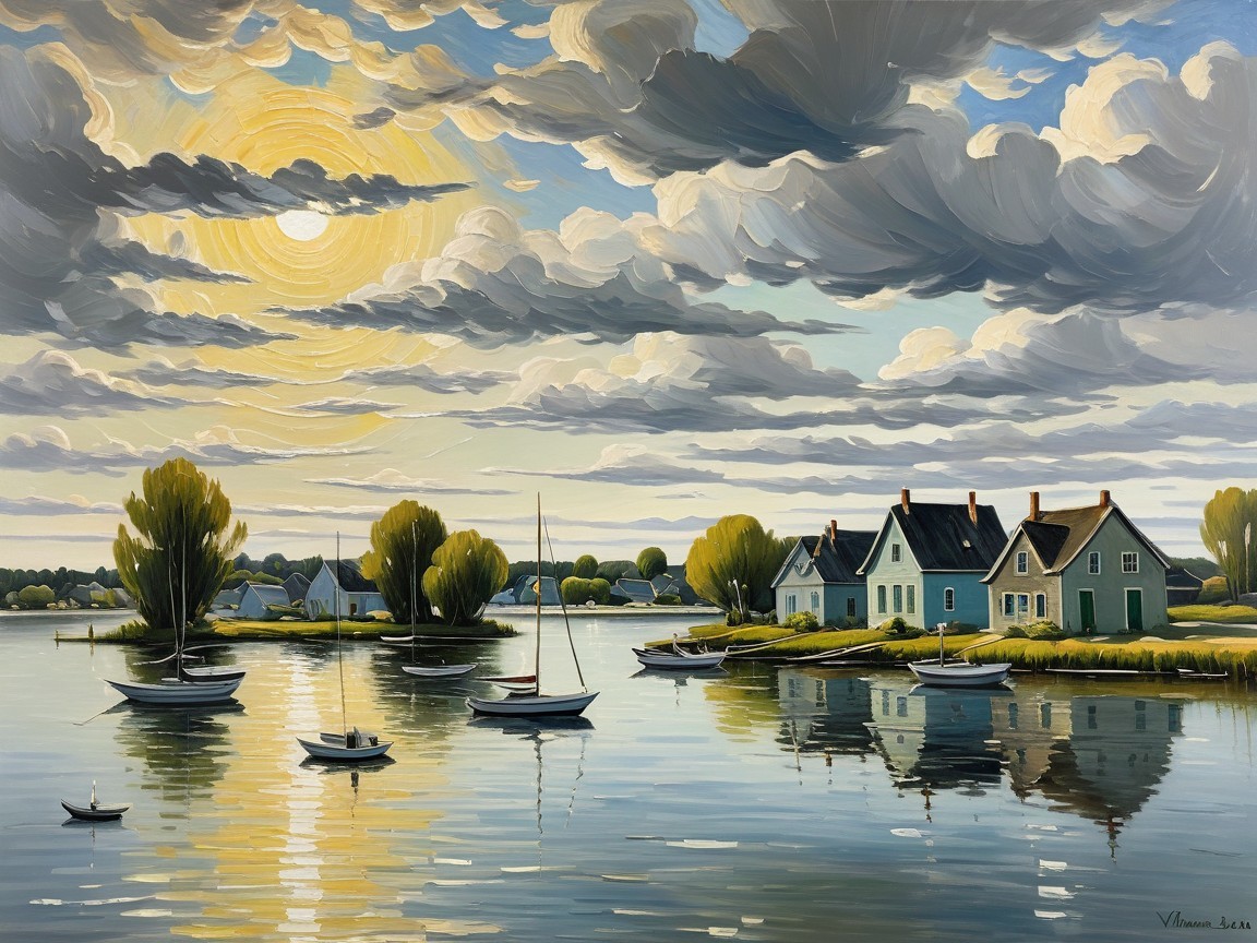 Tranquil Waterfront Landscape at Sunset with Boats