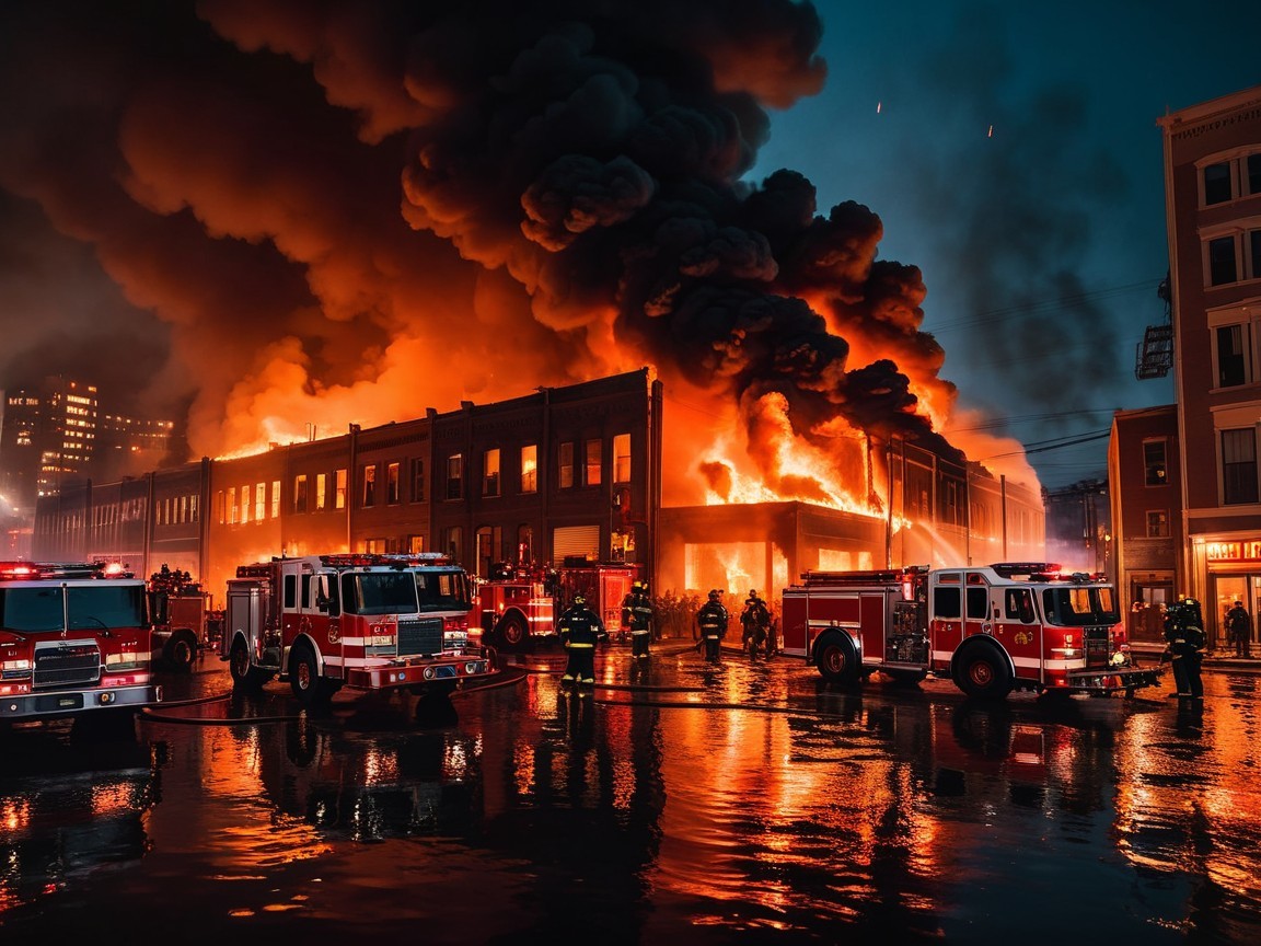 Nighttime Fire Scene with Emergency Response Efforts