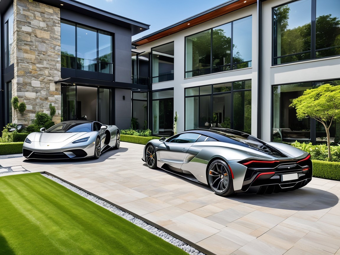 Modern luxury home with glass windows and sports cars