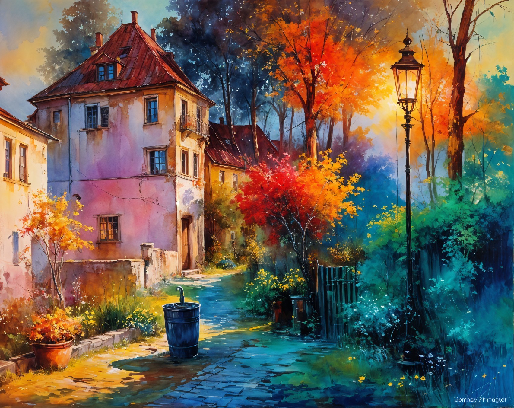 Vibrant Street Scene with Charming Houses and Autumn Trees