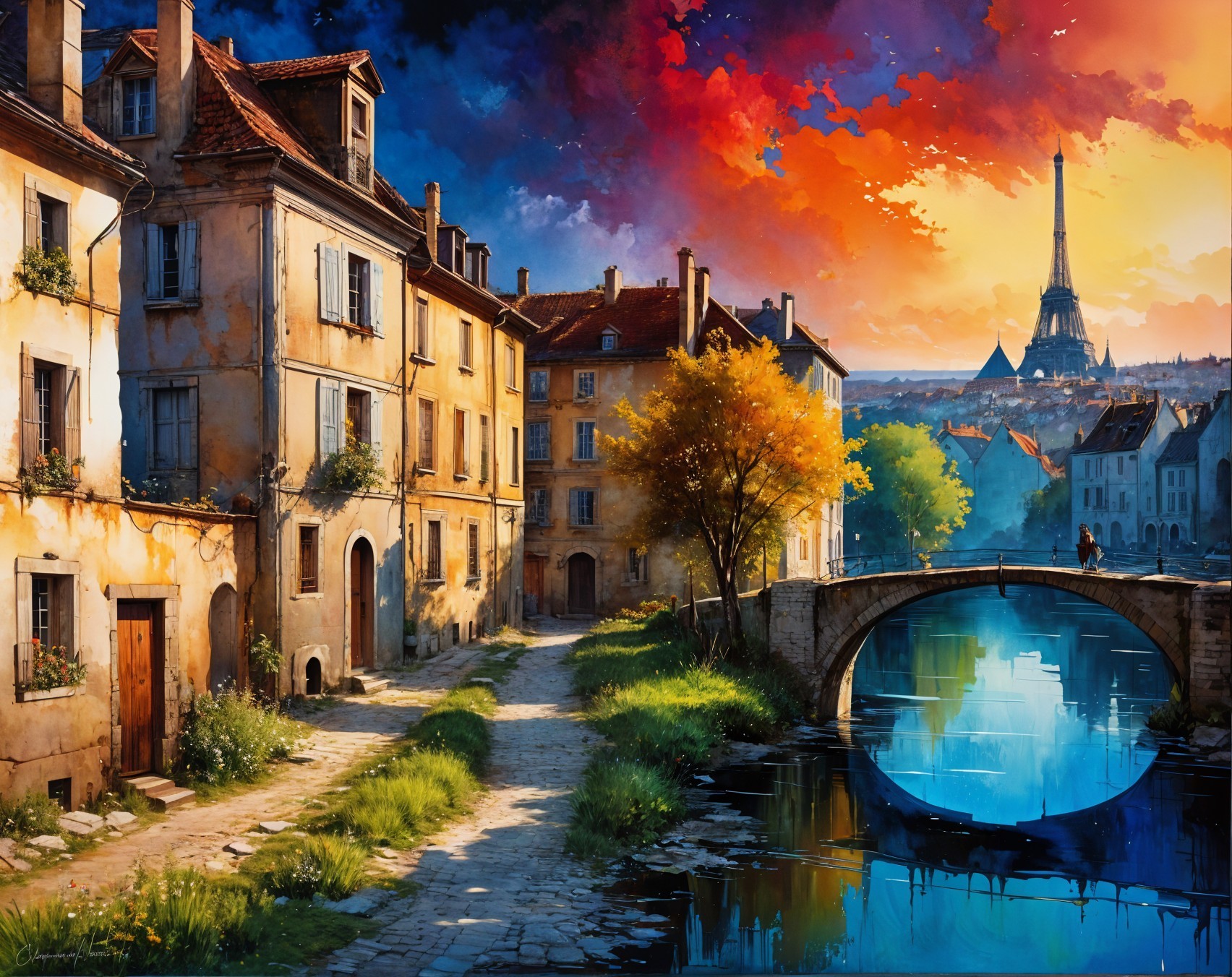 Quaint Village Scene with Eiffel Tower at Sunset