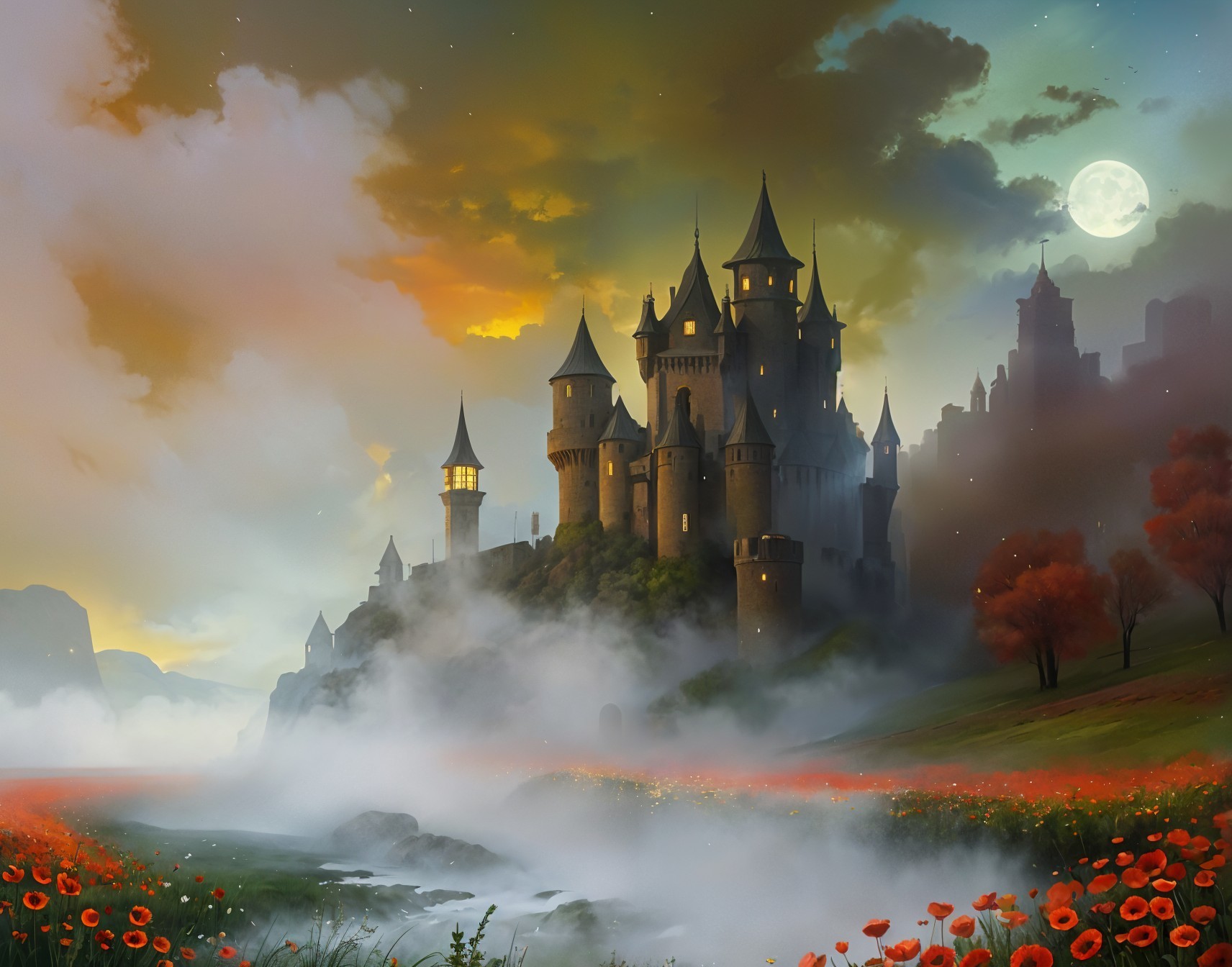Majestic castle in vibrant landscape with poppies