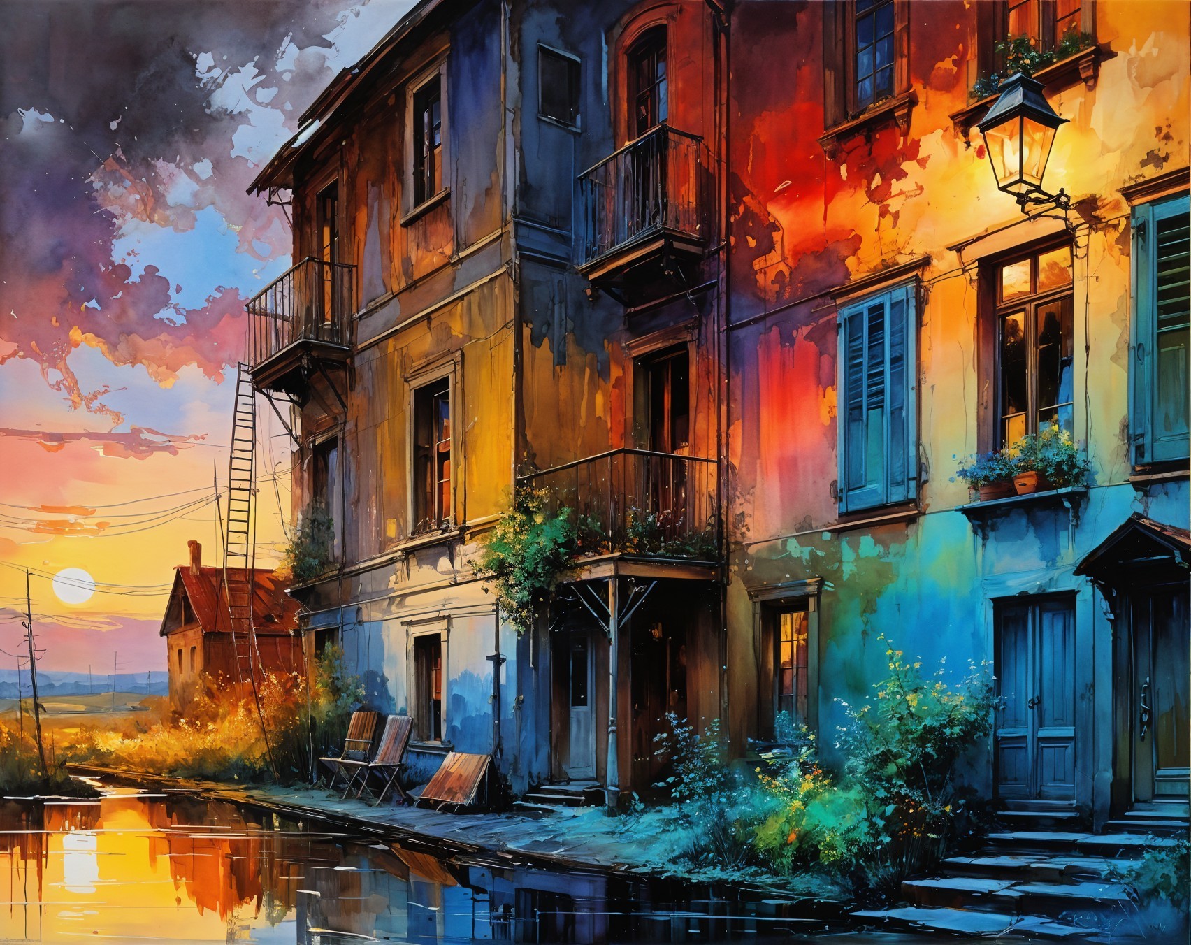 Vibrant Sunset Over Rustic Building and Waterway