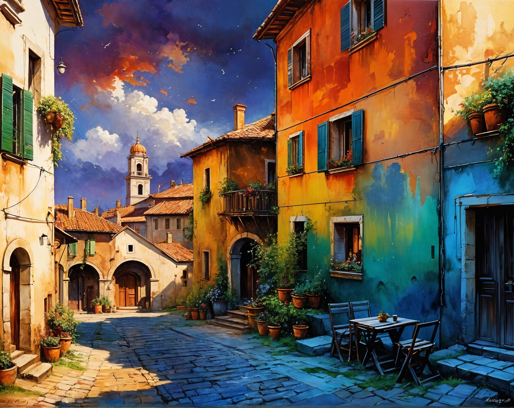 Vibrant Sunlit Street Scene with Colorful Buildings