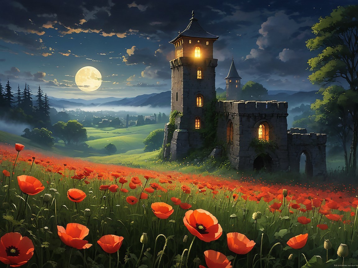 Stone castle in a field of red poppies under moonlight