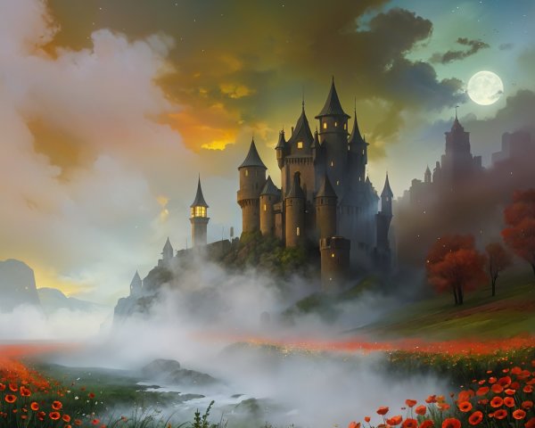 Majestic castle in vibrant landscape with poppies